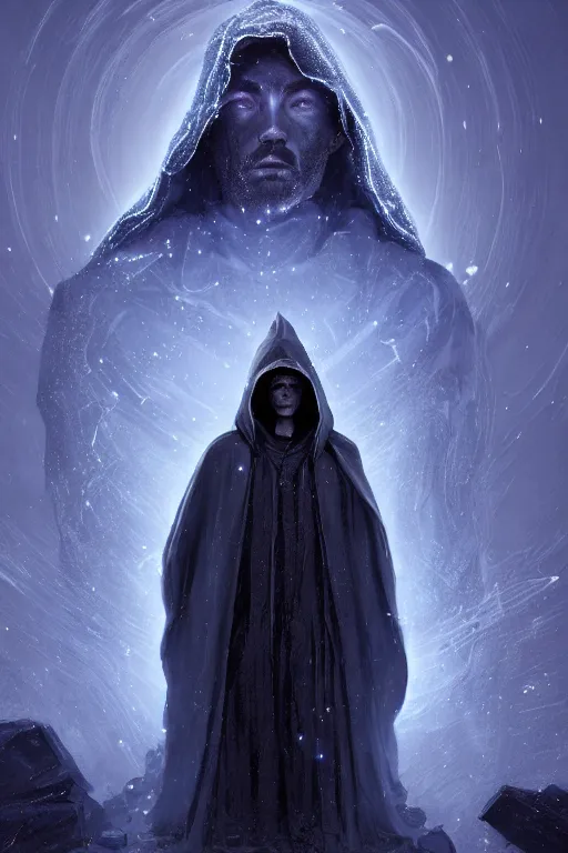 Image similar to a full body portrait of a mysterious sorcerer with a very long hooded grey and blue cloak made of stars and clouds standing infront of an altar by maciej kuciara and jason chan, ominous, cosmic horror, trending on artstation, ultra detailed, hyper realistic 4 k