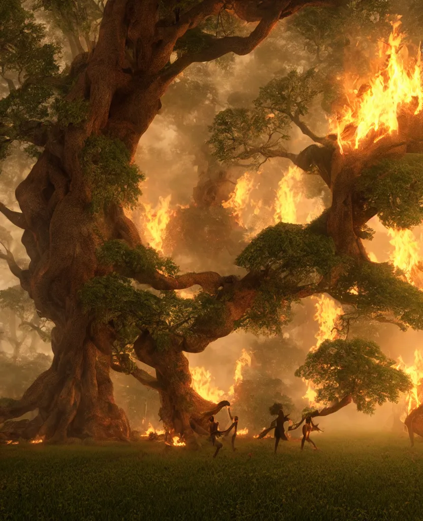 Image similar to sacred giant tree burning, fairies dancing around it, epic painting, extremely detailed, octane render, 8 k