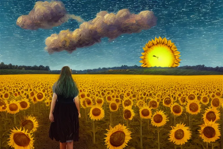 Image similar to giant sunflower as a head, girl walking in wheat field, hills, surreal photography, dark night, star trails, dramatic light, impressionist painting, clouds, digital painting, artstation, simon stalenhag