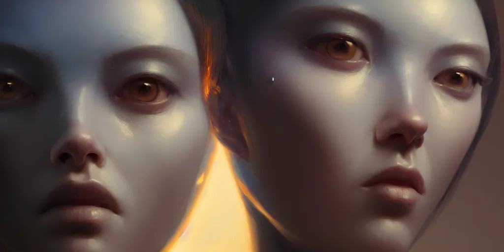 Image similar to the close up face portrait of a humanoid android looking to the camera terriefied, extremely detailed digital painting, in the style of fenghua zhong and ruan jia and jeremy lipking and peter mohrbacher, mystical colors, rim light, beautiful lighting, 8 k, stunning scene, raytracing, octane, trending on artstation