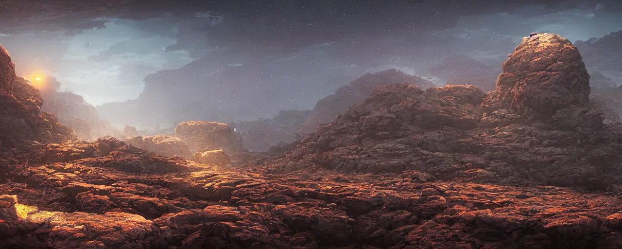 Prompt: ” barren rocky landscape at night, [ cinematic, detailed, epic, widescreen, opening, establishing, mattepainting, photorealistic, realistic textures, octane render, art by wlop and paul lehr ] ”