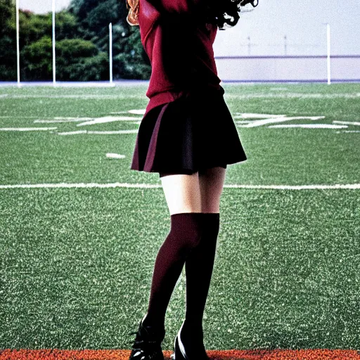 Prompt: buffy the vampire slayer wearing a school uniform, football field backround,