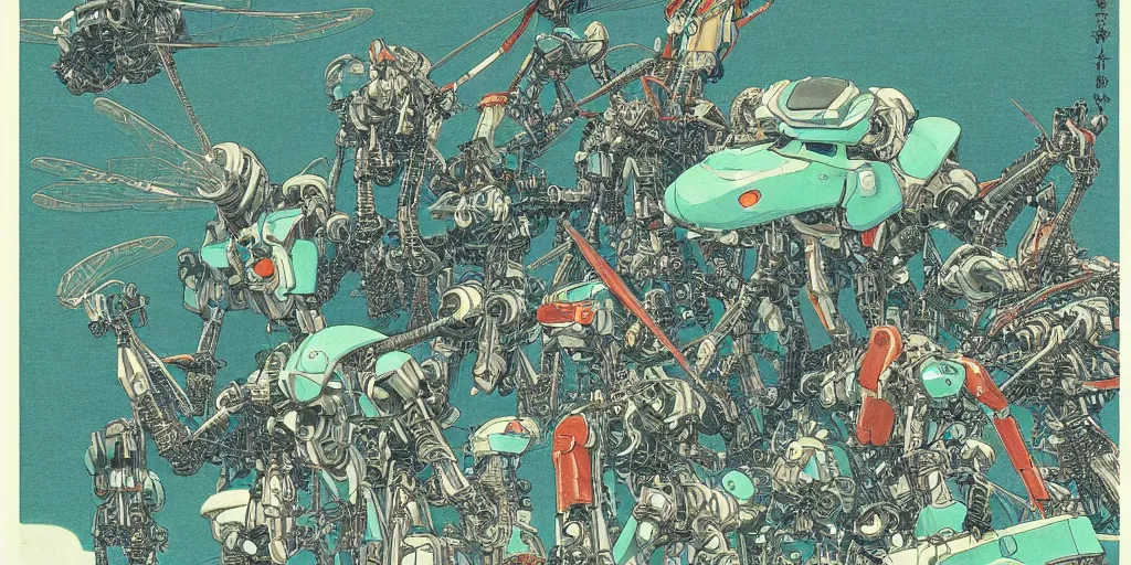 Prompt: gigantic dragonflies, tiny robots, a lot of exotic mecha robots around, human heads everywhere, risograph by kawase hasui, satoshi kon and moebius, 2 d gouache illustration, omnious, intricate, swimming pools and ice, fullshot