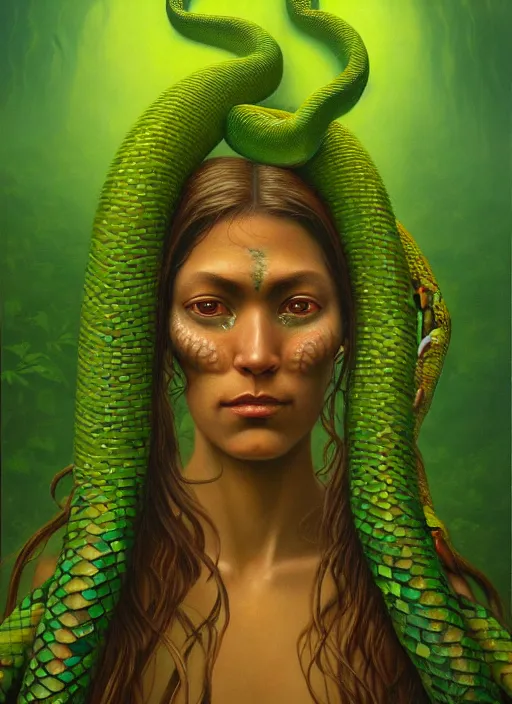 Prompt: a surreal painting of the ayahuasca vine plant spirit mixed with the face of a beautiful indigenous woman with green snake skin and yellow snake eyes, matte painting, by christophe vacher, trending on artstation