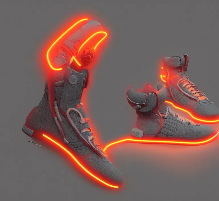 Image similar to realistic 8 k sculpture of 1 futuristic sneaker with neon illuminated rubber soles and soft orange laces on a grey surface, clean 3 d render, beautiful studio lighting, soft, sharp focus, cyberpunk, intricate detail, gold and red accents, soft rubber, octane render, trending on artstation, deviantart, art by wright and syd mead and mullins