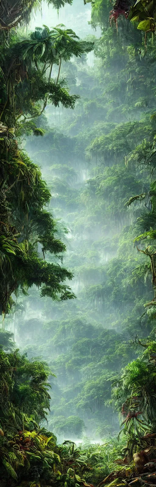 Image similar to painting of a jungle scene on an alien planet by vincent bons. ultra sharp high quality digital render. detailed. beautiful landscape. weird vegetation. water.