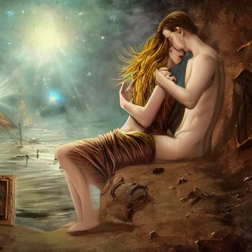 Image similar to two star crossed lovers at the end of time, artstation hall of fame gallery, editors choice, #1 digital painting of all time, most beautiful image ever created, emotionally evocative, greatest art ever made, lifetime achievement magnum opus masterpiece, the most amazing breathtaking image with the deepest message ever painted, a thing of beauty beyond imagination or words