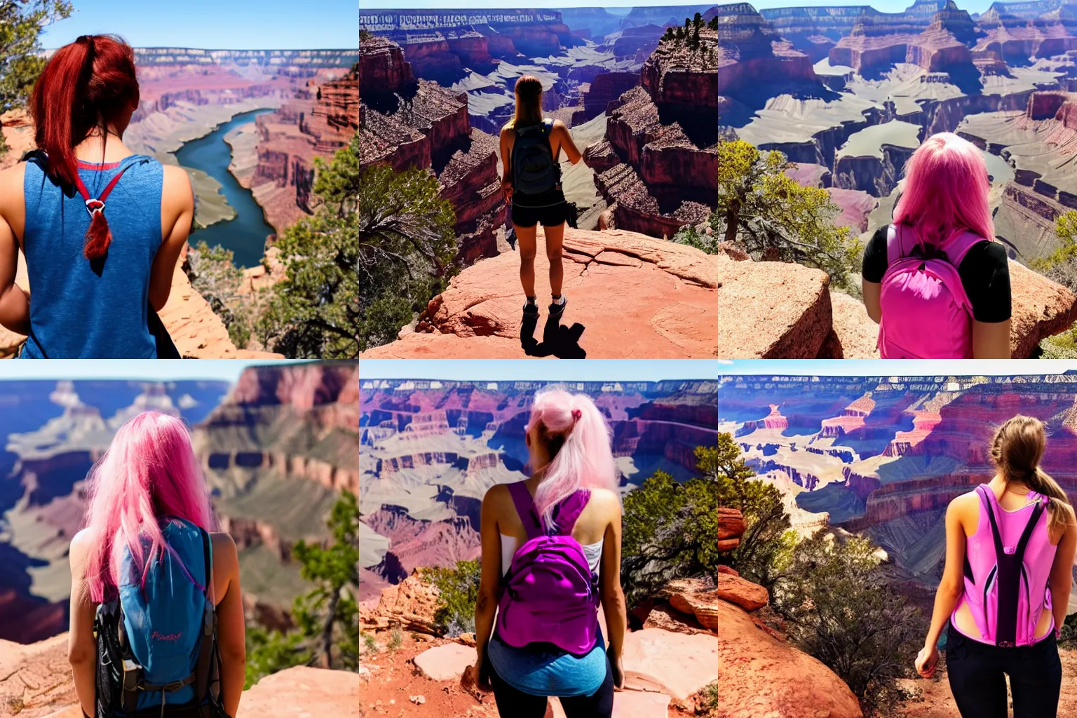 Prompt: a young woman with long pink hair looking at grand canyon, hiking clothes, tank top, backpack, arizona, grand canyon in background, cinematic, beautiful, stunning, day time, epic, 8 k