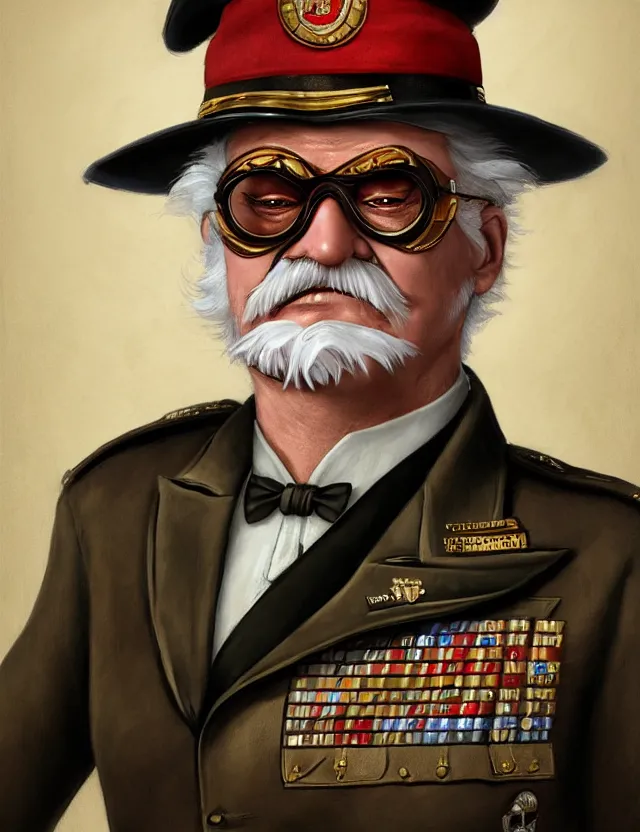 Image similar to a portrait of colonel sanders wearing a military uniform and an eyepatch, by moebius and tyler edlin and hr giger, trending on artstation, digital art, 4 k resolution, detailed, high quality, sharp focus, hq artwork, coherent, insane detail, concept art