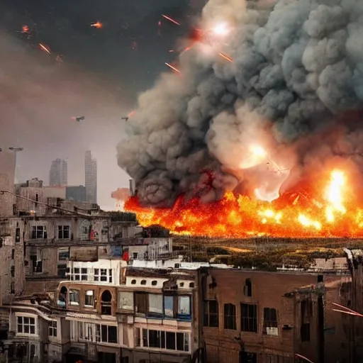 Prompt: a dramatic photo of a city under attack by aliens. building are exploding and people are running