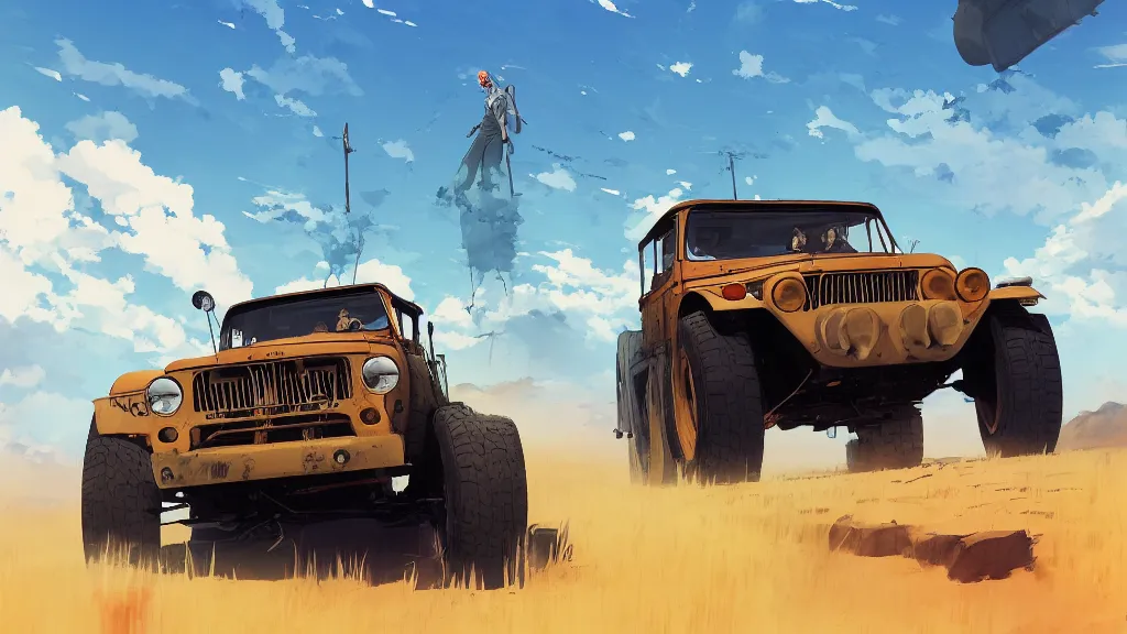 Image similar to digital illustration of mad max's fj 4 0 pursuit special, the last v 8 interceptor driving down to the gates of valhalla highway in the middle of the day, anime style, year 2 0 9 3, by makoto shinkai, ilya kuvshinov, lois van baarle, rossdraws, basquiat, studio ghibli