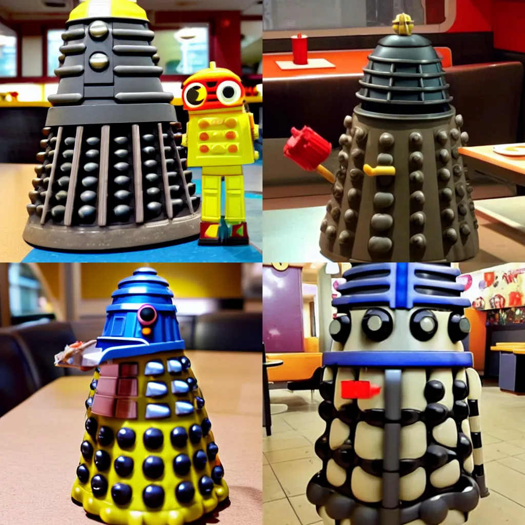 Prompt: A Dalek from Doctor Who eating Happy meal in a McDonald's restaurant