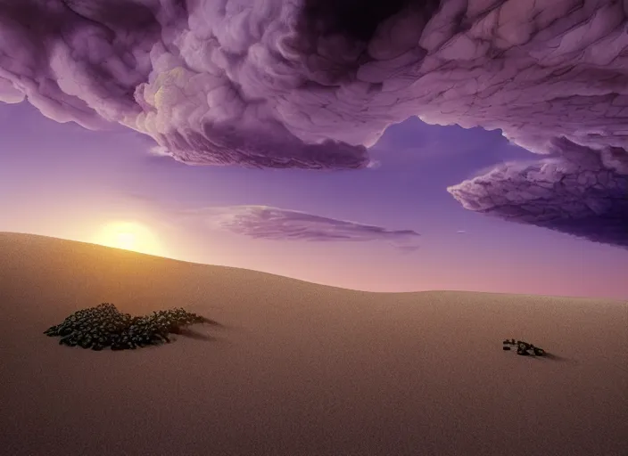 Prompt: hyperrealism, detailed textures, photorealistic 3 d render, a dreamy purple cloud scape above the aticama desert, sharp focus, ultra realistic, ultra high pixel detail, cinematic, intricate, cinematic light, concept art, illustration, art station, unreal engine 8 k