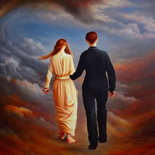 Prompt: couple walking hand in hand, in the heaven and the hell at the same time, oil painting, beautiful, intricate, hell in the bottom, heaven in the top, very detailed