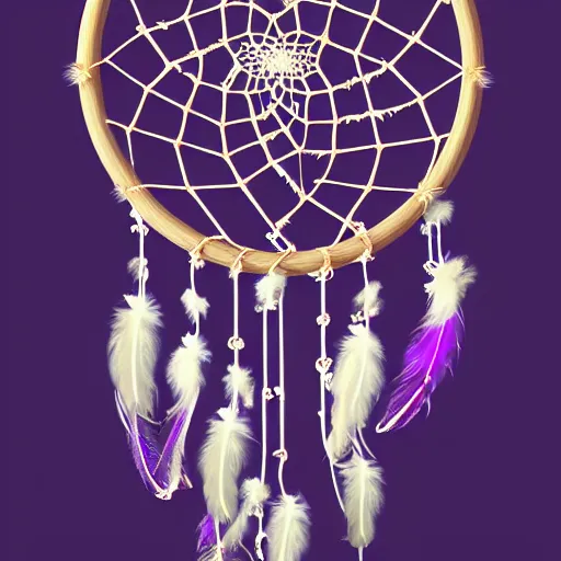 Image similar to a beautiful and intricate dreamcatcher made from bone and gnarled wood and blue and purple feathers, twisting, twirling, loops, hexagonal shapes, concept art, highly detailed, realistic, ornate, fine detail, 4k, octane render, vray, unreal engine