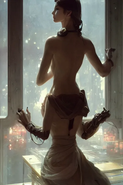 Image similar to an attractive serene cute android in a cafe, partially human , partially biomedical design , natural atmosphere, great high details, highly reaslitic, cinematic lighting, intricate, elegant, super highly detailed, art station, concept arD, beautiful, delicate, art by artgerm and greg rutkowski and alphonse mucha and loish and WLOP