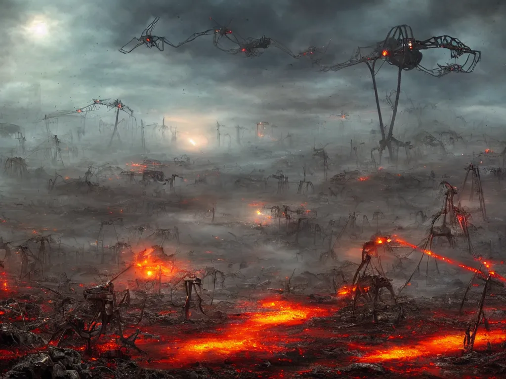 Image similar to landscape art of 8k ultra realistic war of the worlds walkers, destruction, full of colour, cinematic lighting, trending on artstation, 4k, hyperrealistic, focused, extreme details,unreal engine 5, cinematic, masterpiece, Edwardian, tripod, red weed, apocalyptic, demolition, heat ray, artillerymen, eve of war, dead london, invasion, art by Geoff Taylor