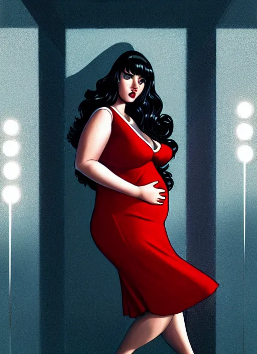 Image similar to full body portrait of teenage veronica lodge, obese, bangs, sultry, realistic, sultry smirk, wavy hair, red skirt, fat, belly, intricate, elegant, glowing lights, highly detailed, digital painting, artstation, concept art, smooth, sharp focus, illustration, art by wlop, mars ravelo and greg rutkowski