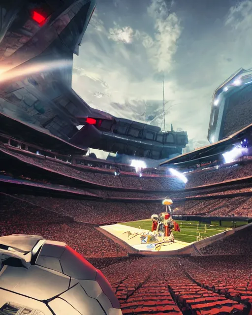 Image similar to a futuristic full stadium with a giant gundam, unreal engine, hyper realism, realistic shading, cinematic composition, realistic render, octane render, detailed textures, photorealistic, wide shot