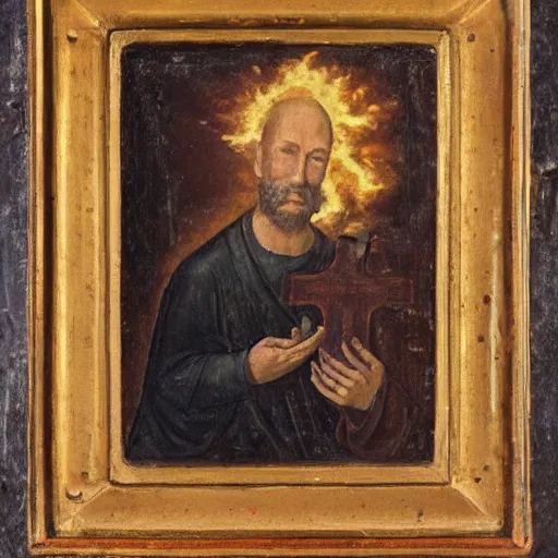 Image similar to a beautiful! portrait of a stern preacher holding a burning cross