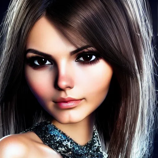 Image similar to beautiful victoria justice, very elegant features, brilliant glittering hair, universal volumetric lighting, soft glow, russian scary horror comedy film snapshot by range murata, norman rockwell, highly detailed intricately sharp focus, trending on pinterest, unreal engine 5 4 k uhd image