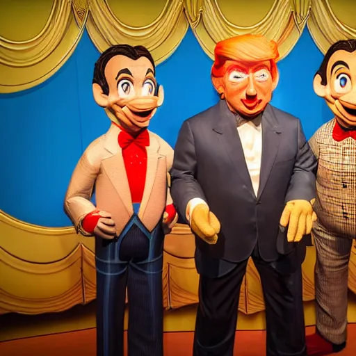 Image similar to three puppets inside the its a small world ride at disneyland that look like donald trump and greg abbott and ron desantis, highly detailed, high definition, ultra realistic