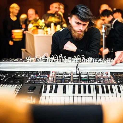 Prompt: beautiful photograph of electronics music dj at performing at funeral