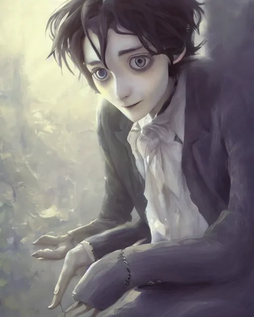 Image similar to still film, johnny depp as the clumsy adorable male victor van dort from the corpse bride if made by krenz cushart and wenjun lin, portrait, illustration, rim light, top light, summer clear blue sky, perfectly shaded, soft painting, epic, intricate, art