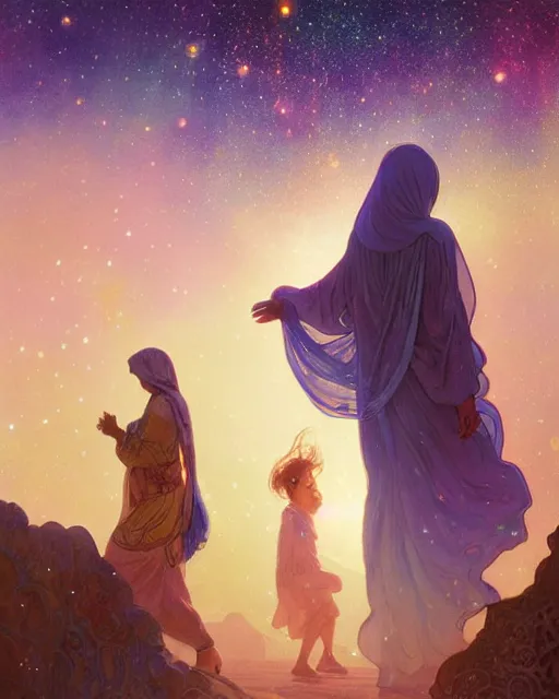 Image similar to bedouin in galaxy walking towards mosque surrounded by nebula, highly detailed, gold filigree, romantic storybook fantasy, soft cinematic lighting, award, disney concept art watercolor illustration by mandy jurgens and alphonse mucha and alena aenami, pastel color palette, featured on artstation