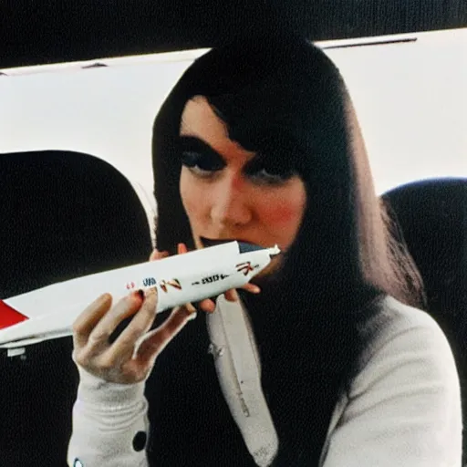 Image similar to a beautiful dark - haired girl piloting a concorde while smoking a gauloise 1 9 7 9 photo