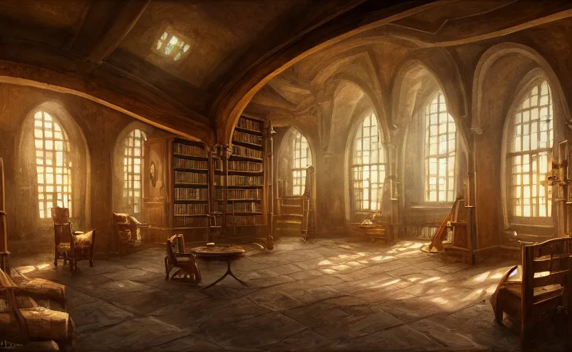 Prompt: painting of an interior of a hidden ring - shaped library overlooking the great room, well maintained, clean, medieval, fantasy genre, natural light, fantasy, natural light, cozy atmospheric and cinematic lighting, trending on artstation