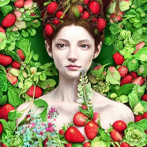 Prompt: the portrait of an absurdly beautiful, graceful, elegant, sophisticated woman made of strawberries and green petals, an ultrafine hyperdetailed illustration by kim jung gi, irakli nadar, proportions, intricate linework, bright colors, octopath traveler, final fantasy, unreal engine 5 highly rendered, global illumination, radiant light, detailed and intricate environment