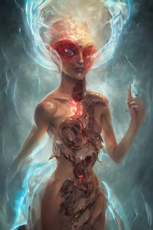 Image similar to torso closeup model wearing exploding flesh and blood crystal dress, sorcerer, diamonds, angel, fantasy, dramatic lighting, highly detailed, digital painting, holding electricity, magic the gathering, hyper detailed, 3 d render, hyper realistic detailed portrait, peter mohrbacher, wlop, ruan jia