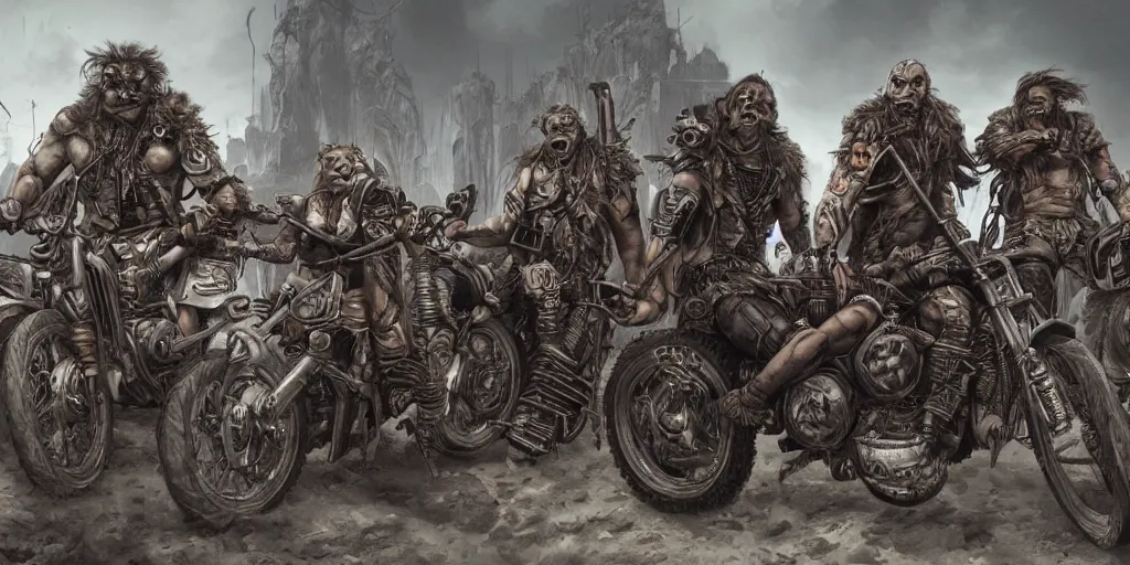 Image similar to psychedelic post apocalyptic orcish biker gang, incredibly detailed, sharp focus, artstation, cgsociety