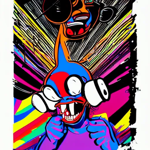 Image similar to artgerm, psychedelic laughing cybertronic ren & stimpy, rocking out, headphones dj rave, digital artwork, r. crumb, svg vector