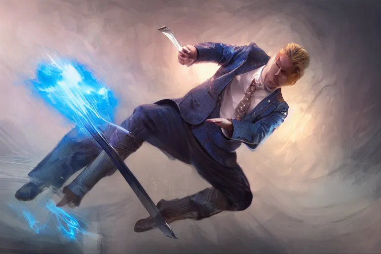 Image similar to a blonde man in a blue suit swinging a sword at an asian man with a sword, d & d, heartstone, digital painting, volumetric light, intricate, sharp, focus, bloom, illustration, highly detailed, concept art, matte, ruan jia, randy vargas, greg rutkowski