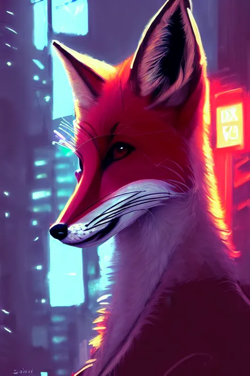 Image similar to beautiful portrait of a tall female anthro fox, smoking a cigarette in a crowd, a wet city street, cyberpunk, harsh neon lights, highly detailed, deep shadows, digital painting, shallow depth of field, illustration, art by sakimichan, artgerm