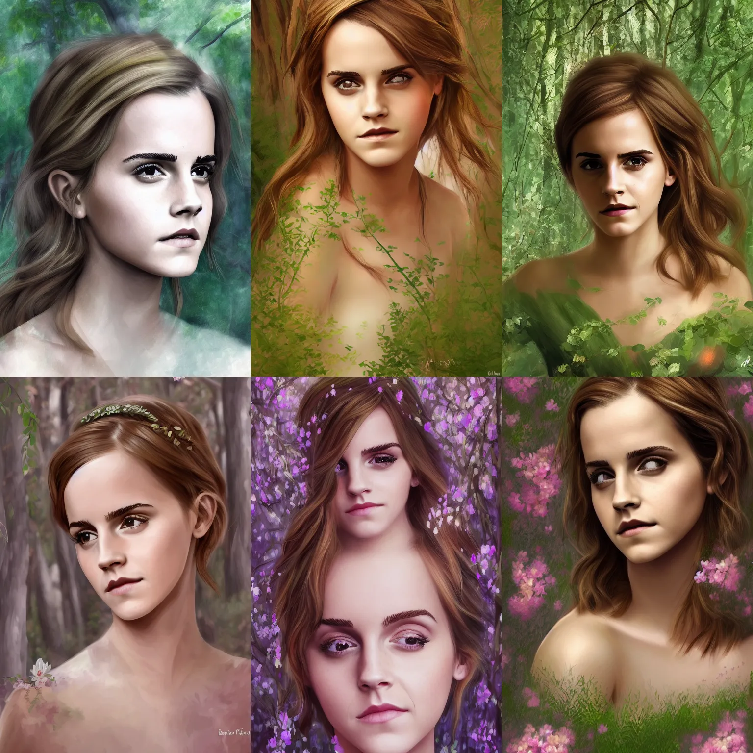 Prompt: Emma Watson as a forest nymph, digital painting, highly detailed