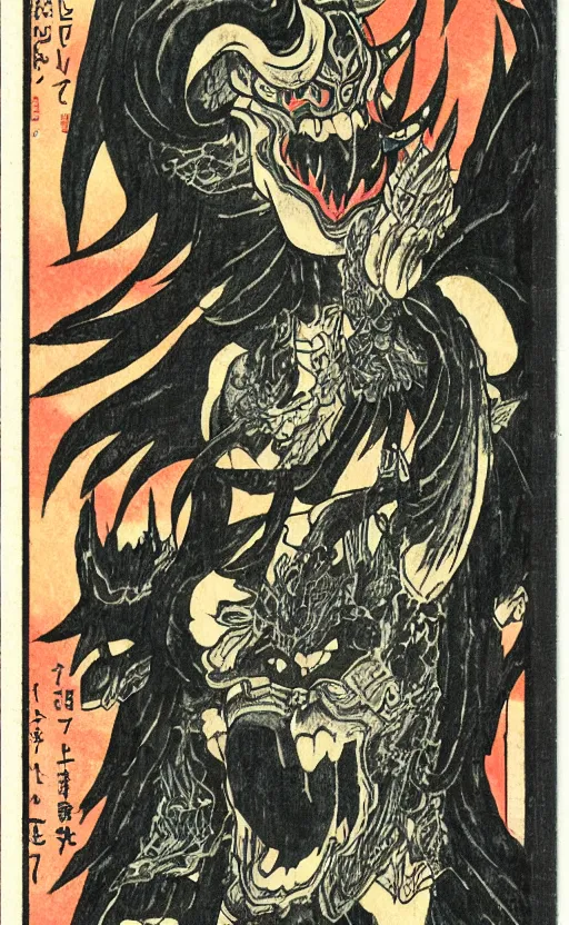 Image similar to by akio watanabe, manga art, japanese demon monster, folkore, tomoe drum, trading card front