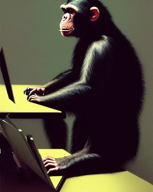 Image similar to cyberpunk hacker chimpanzee at the computer. sci - fi art by greg rutkowski, gustave courbet, rosa bonheur, edward hopper. faithfully depicted facial expression, perfect anatomy, sharp focus, global illumination, radiant light, detailed and intricate environment, trending on artstation