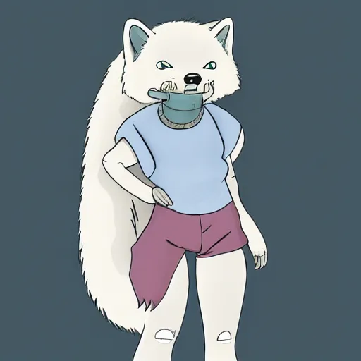 Image similar to a full body portrait of a young female anthro arctic fox furry wearing a tank top, smirking, digital illustration, cel shaded, flat color, Hayao Miyazaki, furaffinity, deviant art, e926