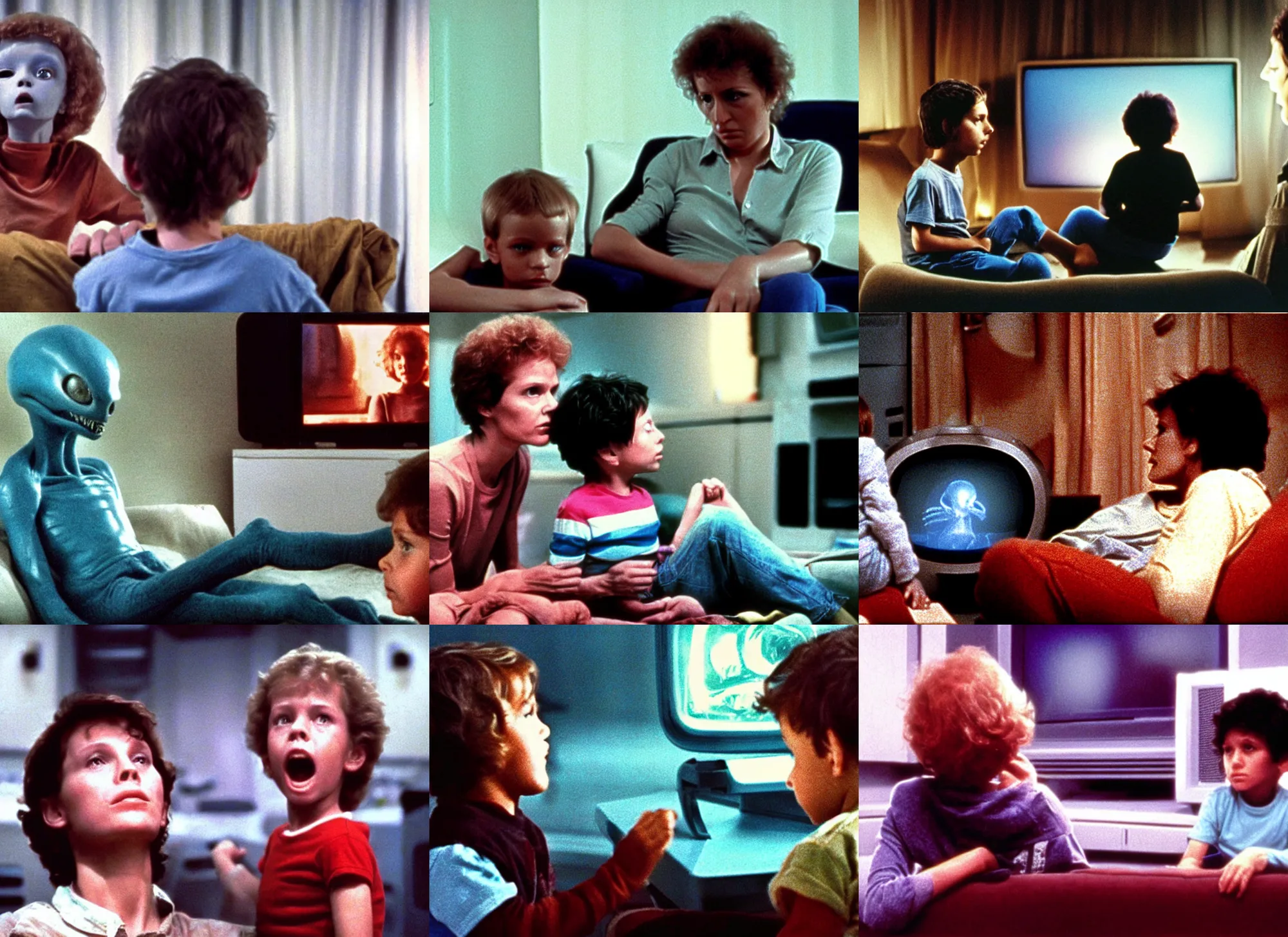 Prompt: color film still of a boy and a mother watching tv, alien ( 1 9 8 4 ).