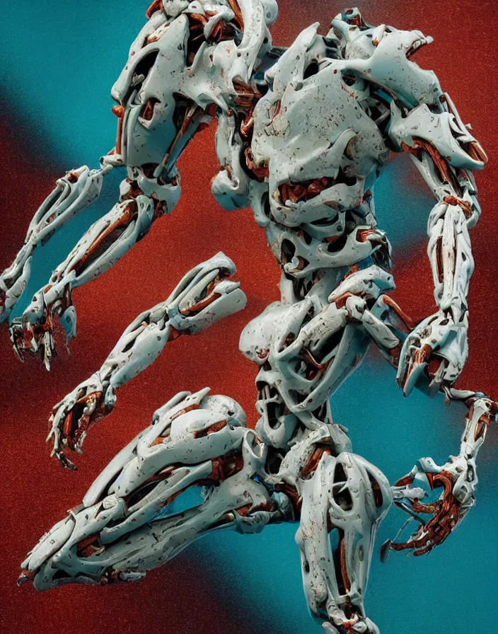 Prompt: positing on rock Guyver!!!with many biomechanical details, full lenght view. white plastic, skull, muscles, tumors, veins, biomech. Vogue magazine. halo. octane rendering, cinematic, hyperrealism, octane rendering, 8k, depth of field, bokeh. iridescent accents. vibrant. teal gold and red color scheme