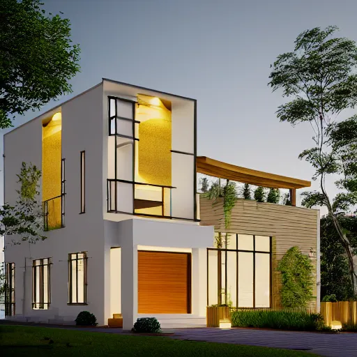 Image similar to render of a beautiful modern home designed for cozy aesthetics!, energy efficiency and maximizing plants and greenery, cg render, golden light, high resolution, professional