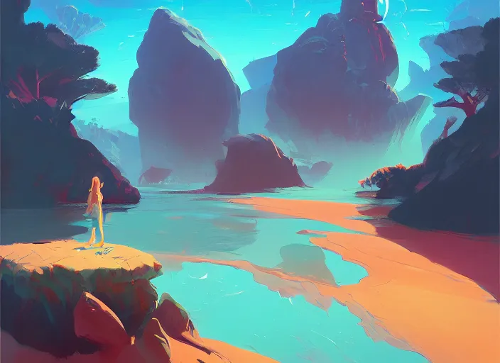 Image similar to a painting of a large rock in the middle of a body of water by anton fadeev and ilya kuvshinov, featured on artstation, fantasy art, artstation hq, artstation hd
