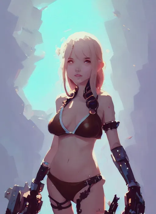 Image similar to portrait of cute girl in cyber bikini armor, warhammer, by atey ghailan, by greg rutkowski, by greg tocchini, by james gilleard, by joe fenton, by kaethe butcher, dynamic lighting, gradient light blue, brown, blonde cream and white color scheme, grunge aesthetic