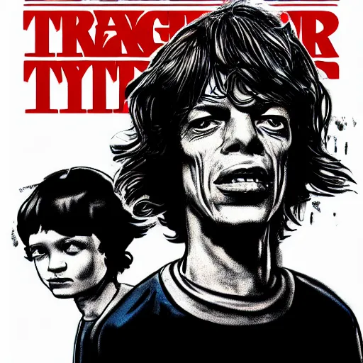 Prompt: Mick Jagger illustrated in the style of Stranger Things cover art