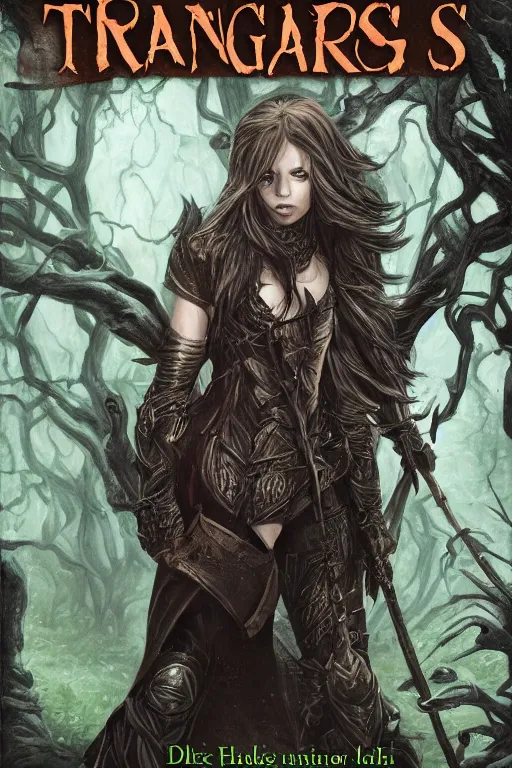 Prompt: dramatic dark forest scenery, girl with fangs in hide leather armor, D&D book-cover