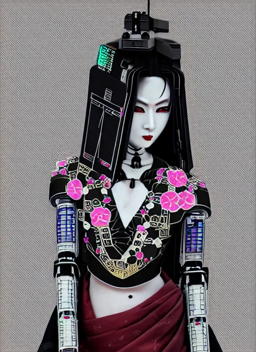 Image similar to full body portrait of a gothic japanese robot geisha with kanji tattoos and decals wearing a digital pixelated kimono, intricate design, photorealistic, octane render, raytraced, ultra fine detailed, character design, trending on artstation