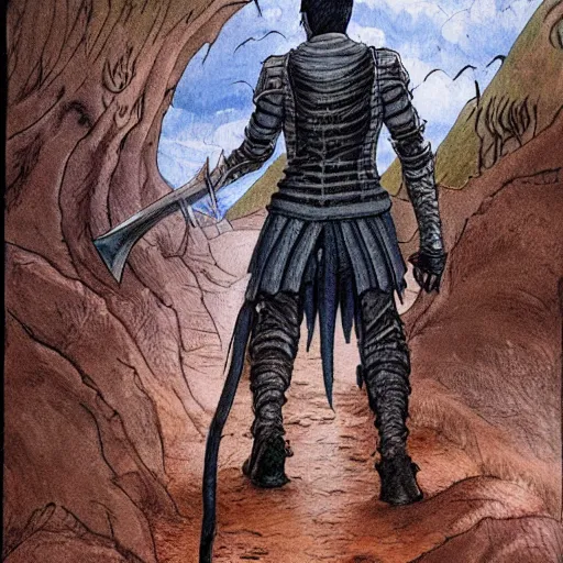 Prompt: a beautiful detailed painting of guts the black swordsman wielding his giant great sword while walking down an old dirt road by moebius, colored manga art